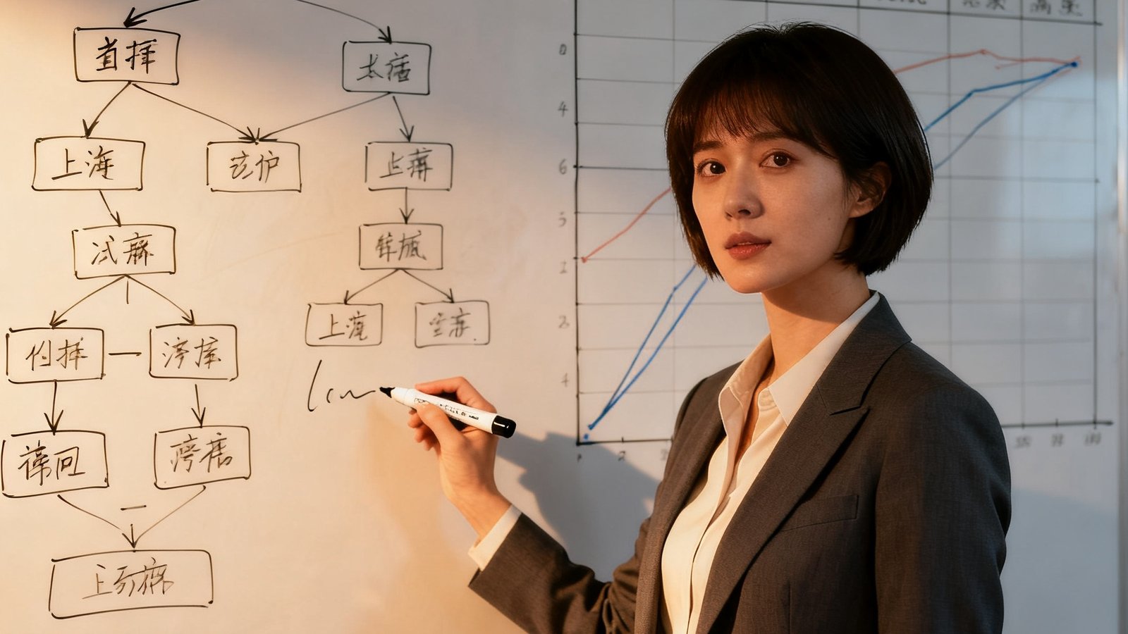 赛事分析总监的工作肖像，一位短发女性站在白板前，白板上画满了BP策略推导图和选手对位数据对比表